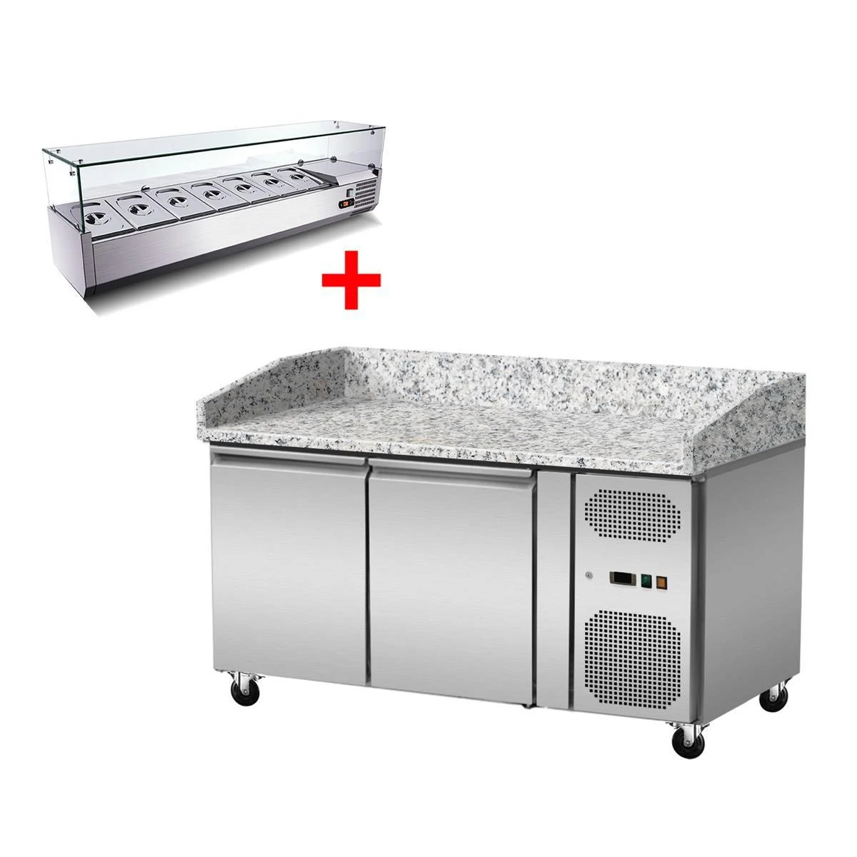 pizza-kuehltisch-granit-rosa-grau-2-tueren-151-x-80-kuehlaufsatz-gn1-4-mit-glas Pizza Kühltisch, Granit rosa-grau, 2 Türen, 151 x 80 Kühlaufsatz GN1/4 mit Glas – Bild 1