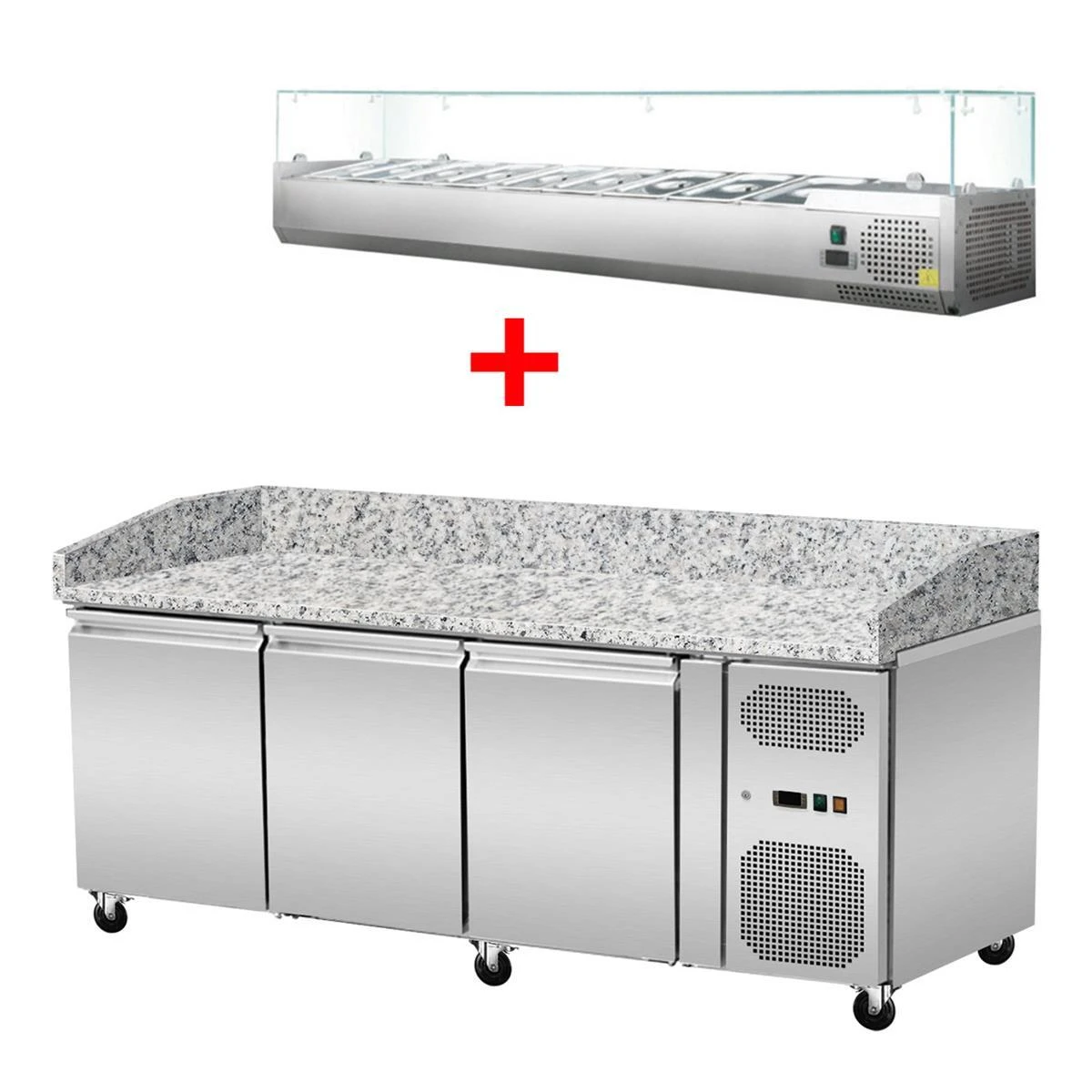 pizza-kuehltisch-granit-rosa-grau-3-tueren-203-x-80-kuehlaufsatz-gn1-4-mit-glas Pizza Kühltisch, Granit rosa-grau, 3 Türen, 203 x 80 Kühlaufsatz GN1/4 mit Glas – Bild 1