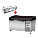 Pizza Kühltisch, Granit Star Galaxy schwarz, 2 Türen, 151 x 80 Kühlaufsatz GN1/3 mit Glas