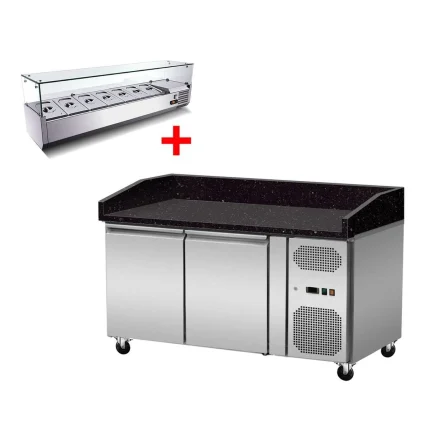 Pizza Kühltisch, Granit Star Galaxy schwarz, 2 Türen, 151 x 80 Kühlaufsatz GN1/4 mit Glas