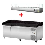 Pizza Kühltisch, Granit Star Galaxy schwarz, 3 Türen, 203 x 80 Kühlaufsatz GN1/3 mit Glas