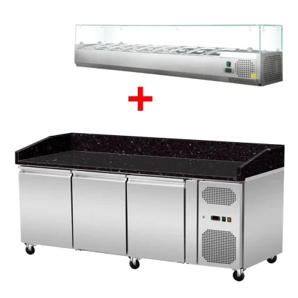 Pizza Kühltisch, Granit Star Galaxy schwarz, 3 Türen, 203 x 80 Kühlaufsatz GN1/3 mit Glas